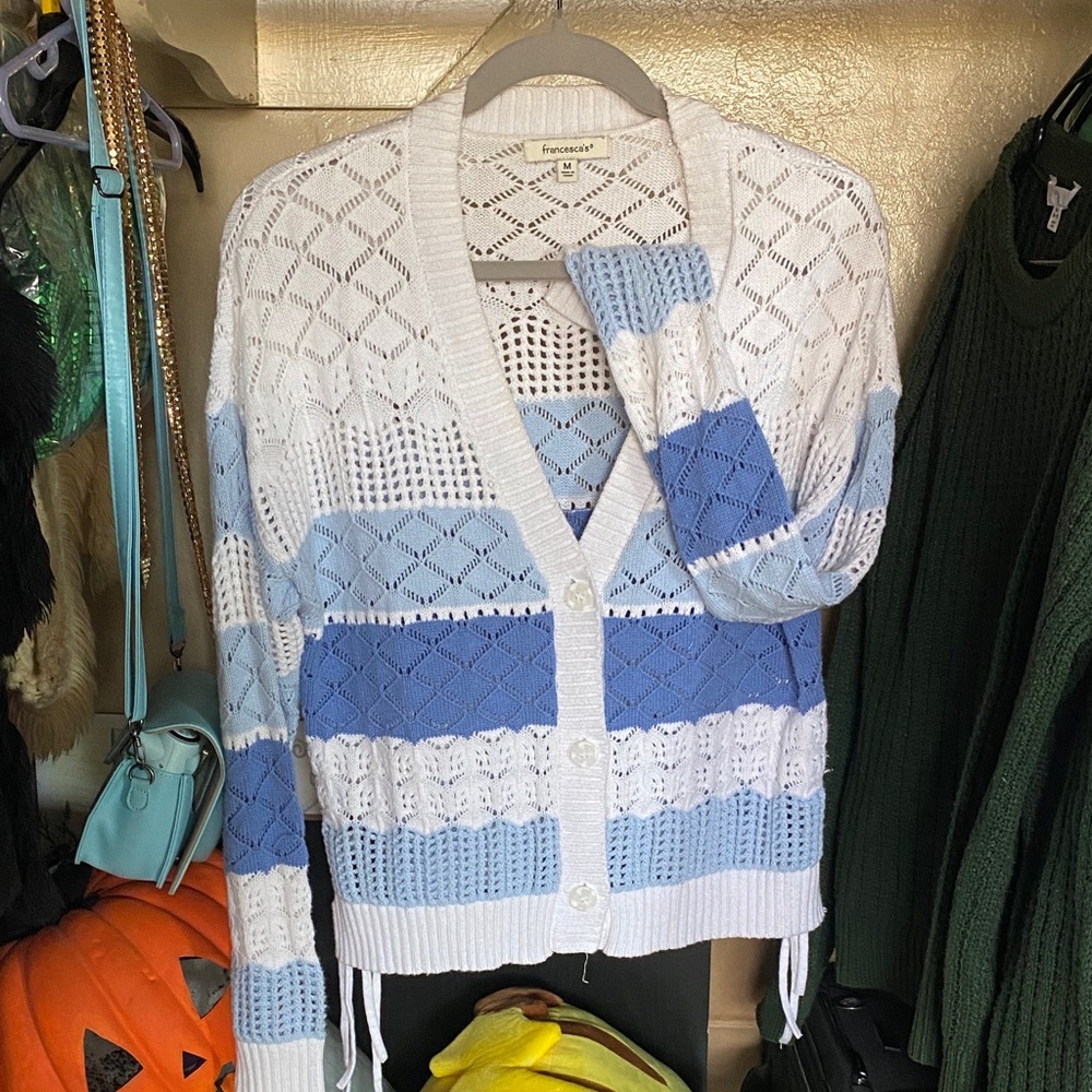 Francesca's Collections White and Blue Striped Cardigan